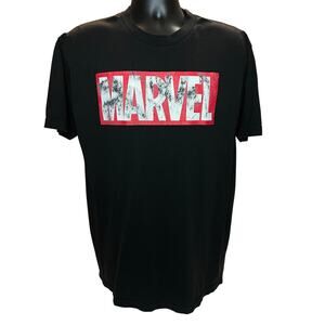 Marvel Distressed Red & White Logo Black T-Shirt Men Size Large Tall Graphic Tee